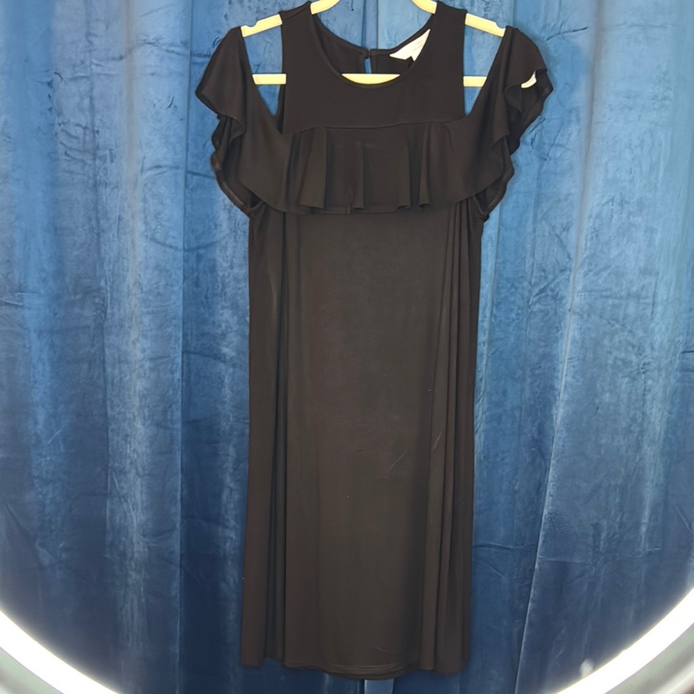 EUC LC Lauren Conrad Women’s Black Midi Dress w/ Cold Shoulder Sleeves Sz S